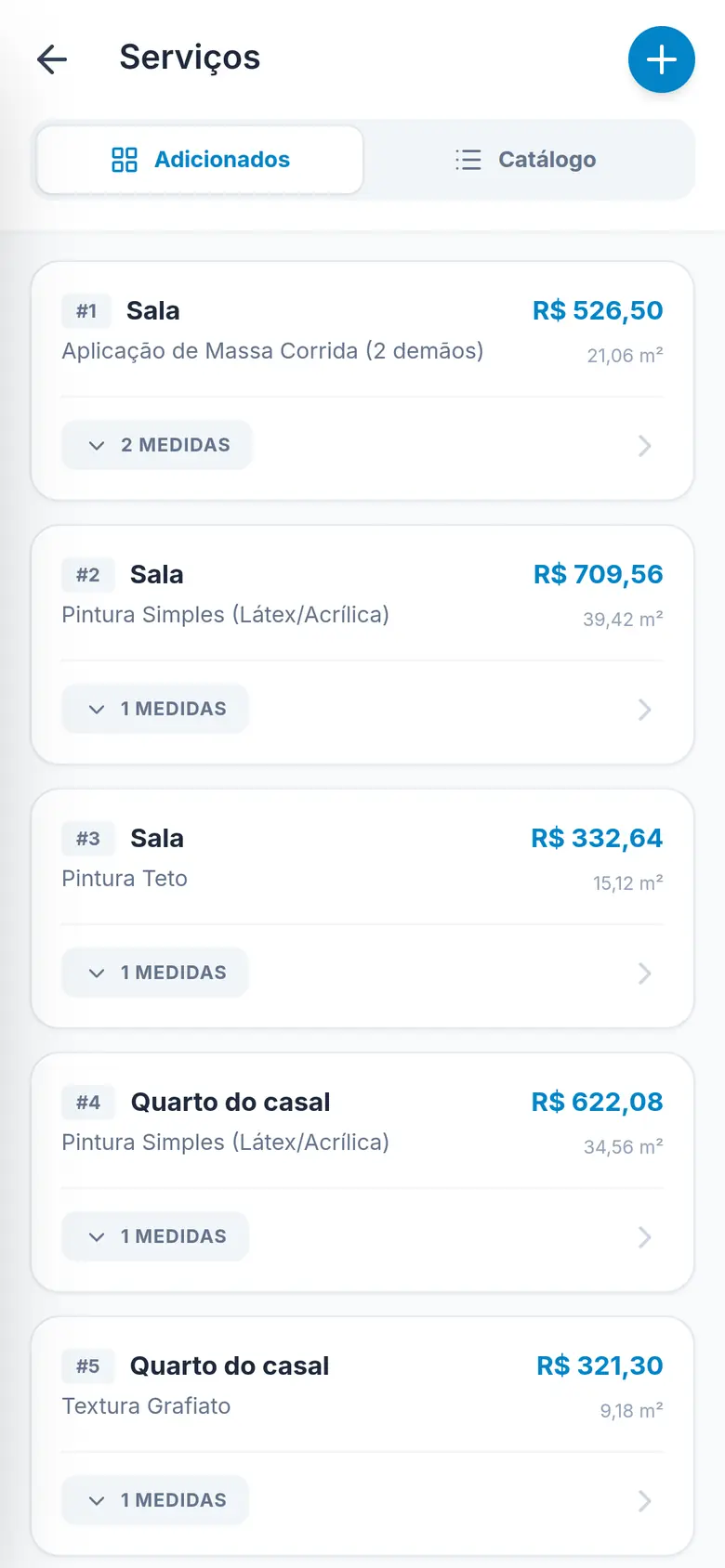 Tela de serviços do orçamento, separados por ambiente